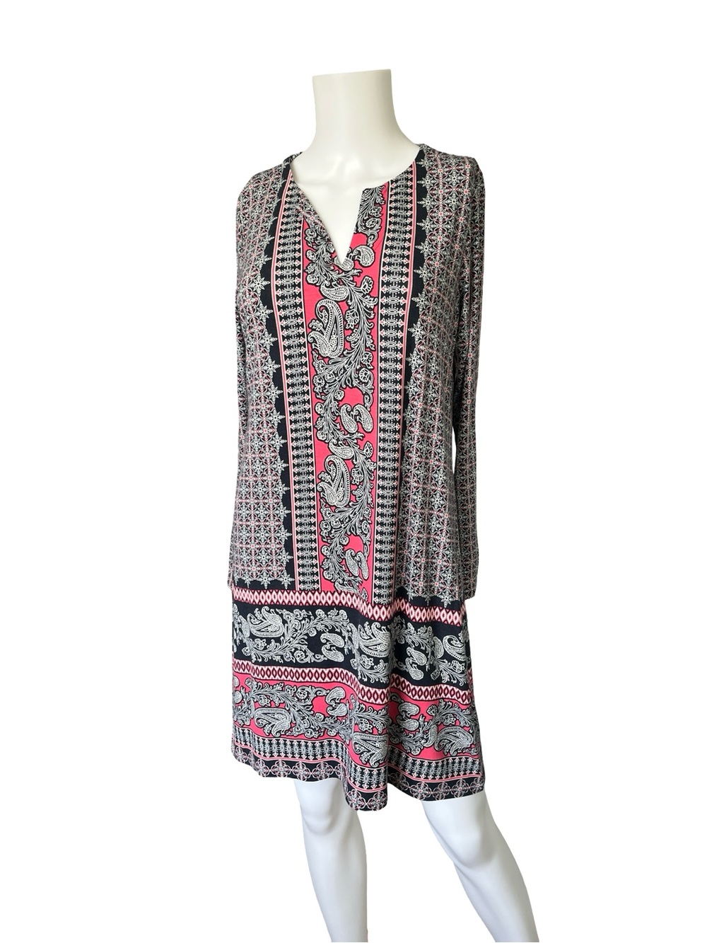 J Jill Long Sleeve Knit Dress Knee Length Floral V Neck Womens Size Small Petite